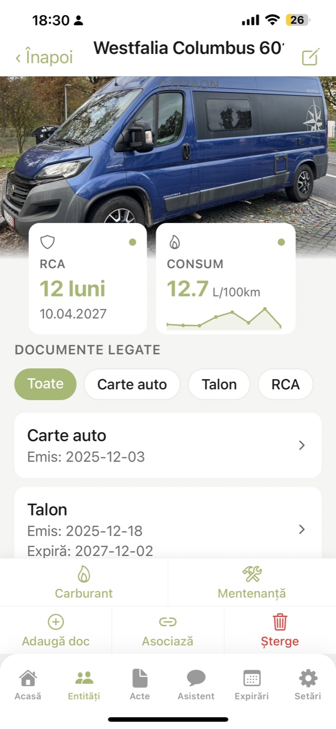 Detaliu vehicul cu status RCA și consum